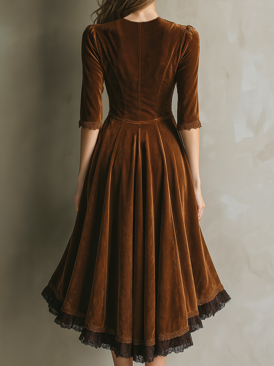 Vintage Velvet Midi Dress with ¾ Sleeve and Lace Trim