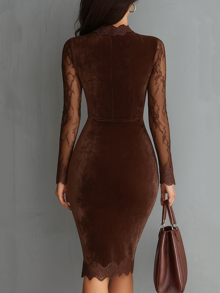 Vintage Velvet Mini Dress with Keyhole Neckline and Lace Sleeves