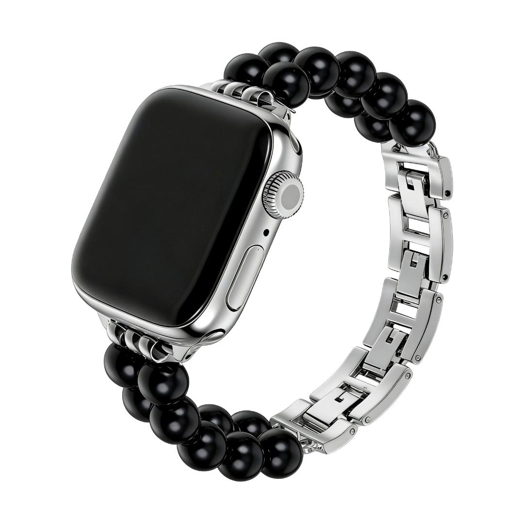 Correa Apple Watch de piedras naturales, doble hilera de perlas, eslabones metálicos, modelo Spedzire