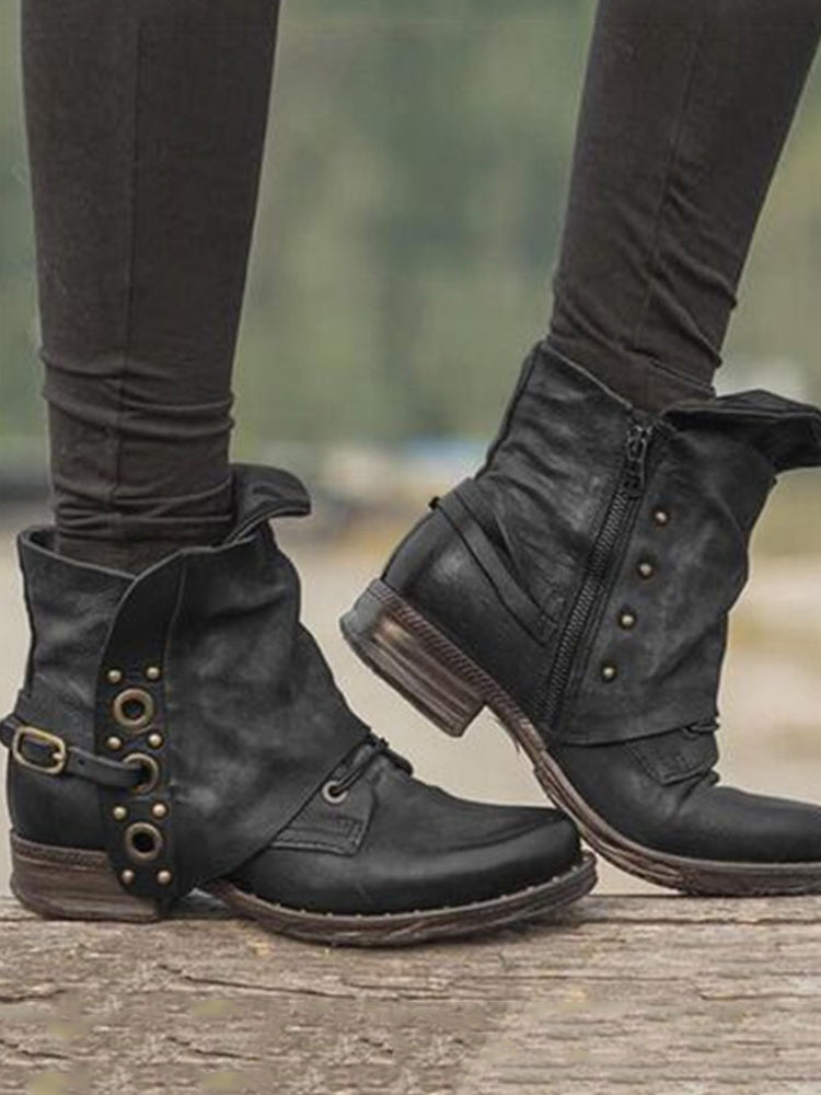 Vintage Ankle Boots with Buckle and Studded Patch