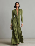 Olive Green Long Dress in Stretch Silk with Deep V-Neck and Ruffled Details, Glamour Maxi Dress