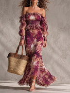 Vestido Maxi Chifón Floral Rosa con Hombros Descubiertos