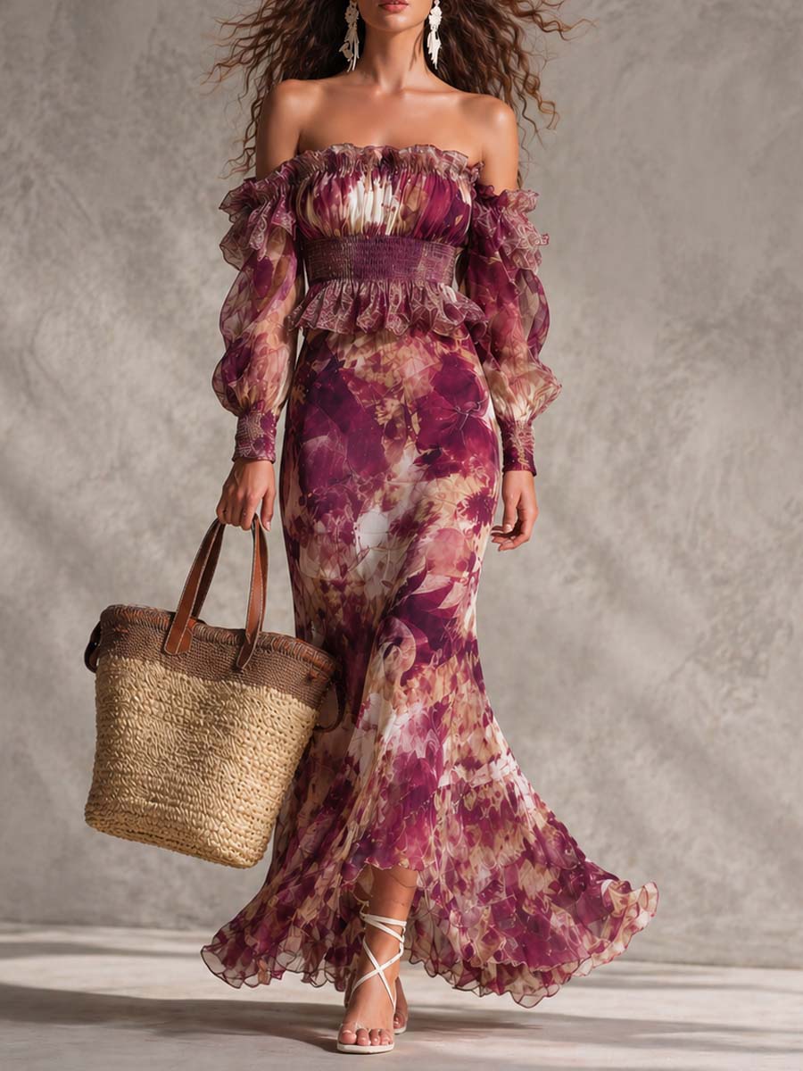 Vestido Maxi Chifón Floral Rosa con Hombros Descubiertos