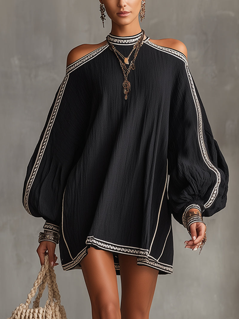 Vestido Mini Negro Boho con Manga Farol