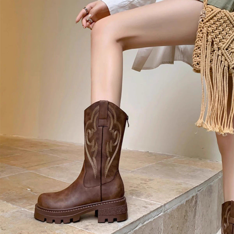 Botas de Media Caña Retro de Cuero Suave con Suela Gruesa