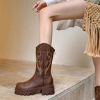 Botas de Media Caña Retro de Cuero Suave con Suela Gruesa