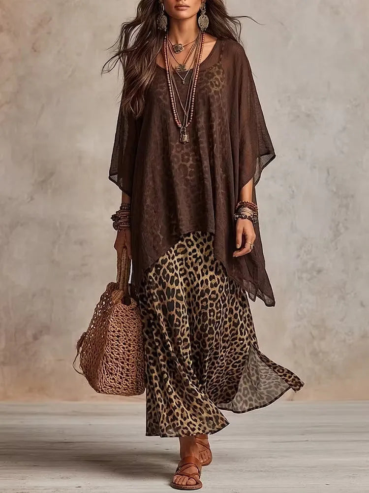 Vestido largo de capas con estampado de leopardo estilo bohemio
