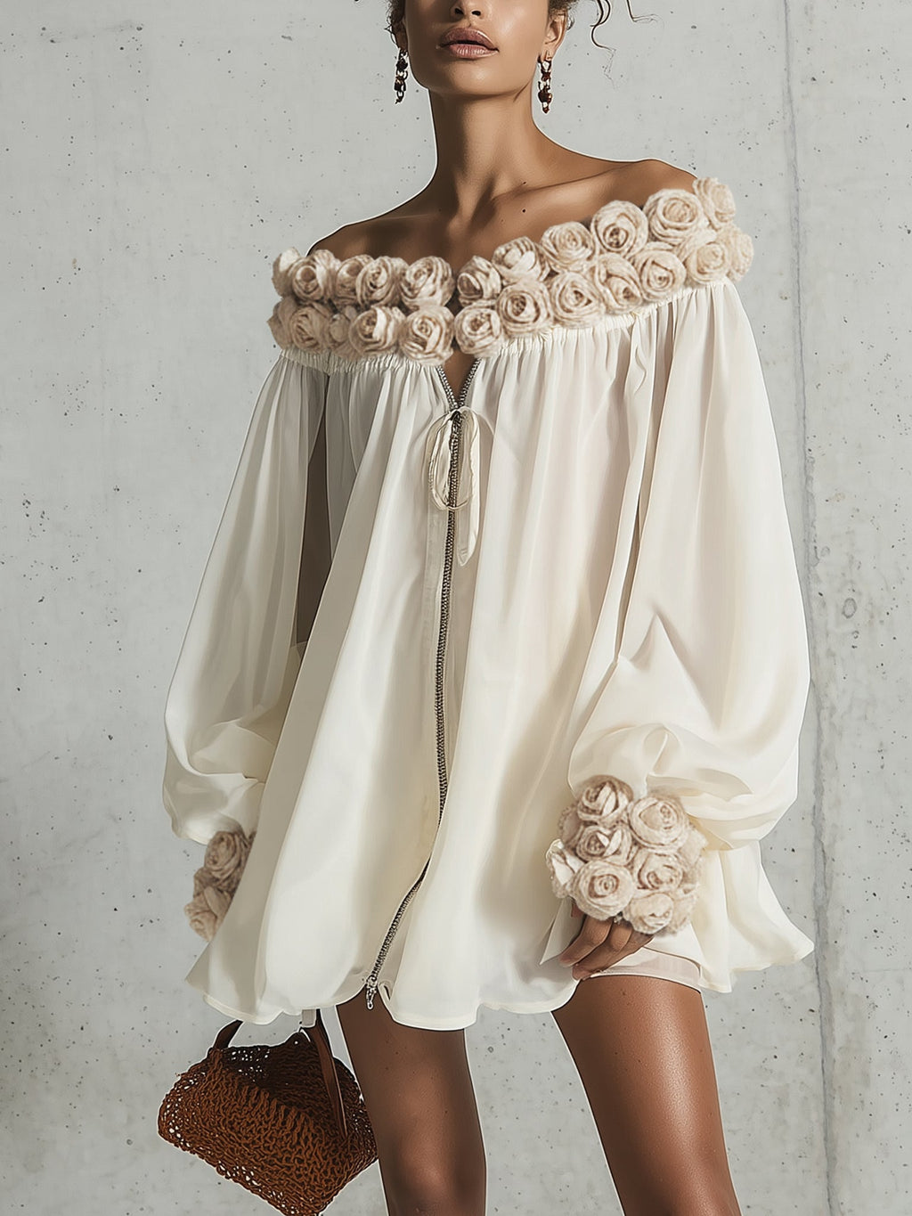 Vestido Mini Crema con Flores 3D y Hombros Descubiertos