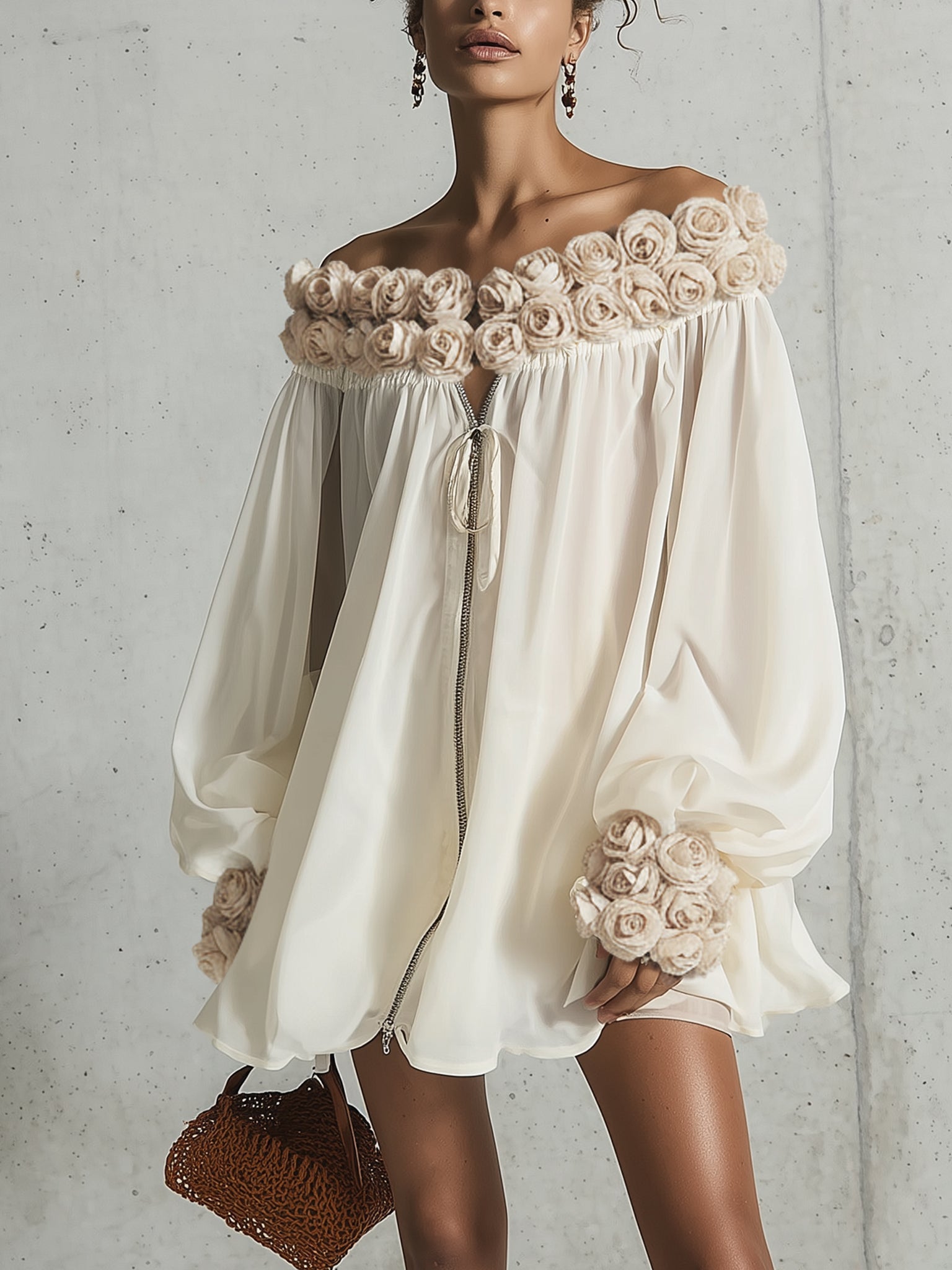 Vestido Mini Crema con Flores 3D y Hombros Descubiertos