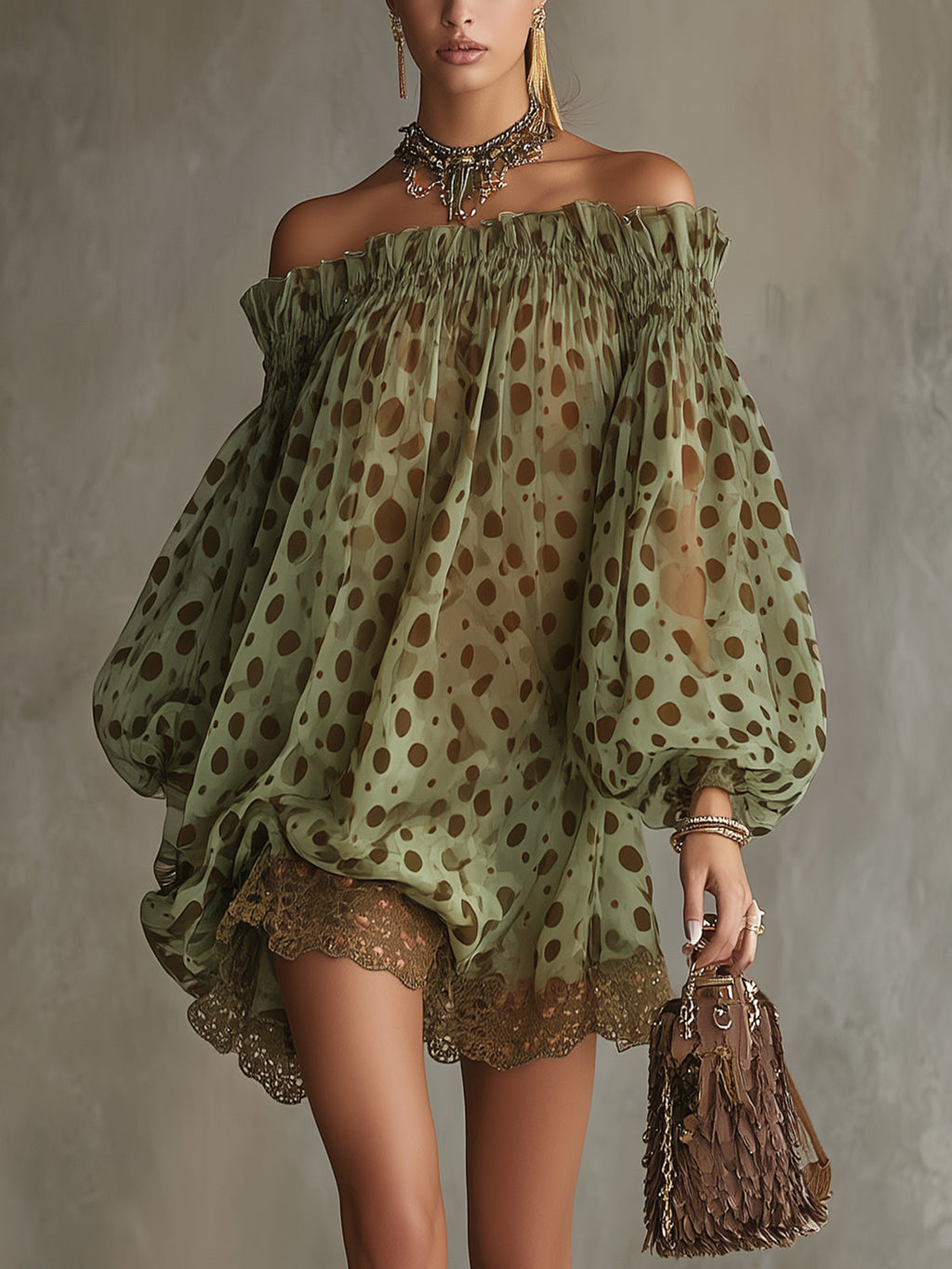 Vestido Mini Verde Oliva con Lunares y Hombros Descubiertos
