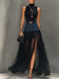 Conjunto Falda Maxi de Denim y Malla con Abertura