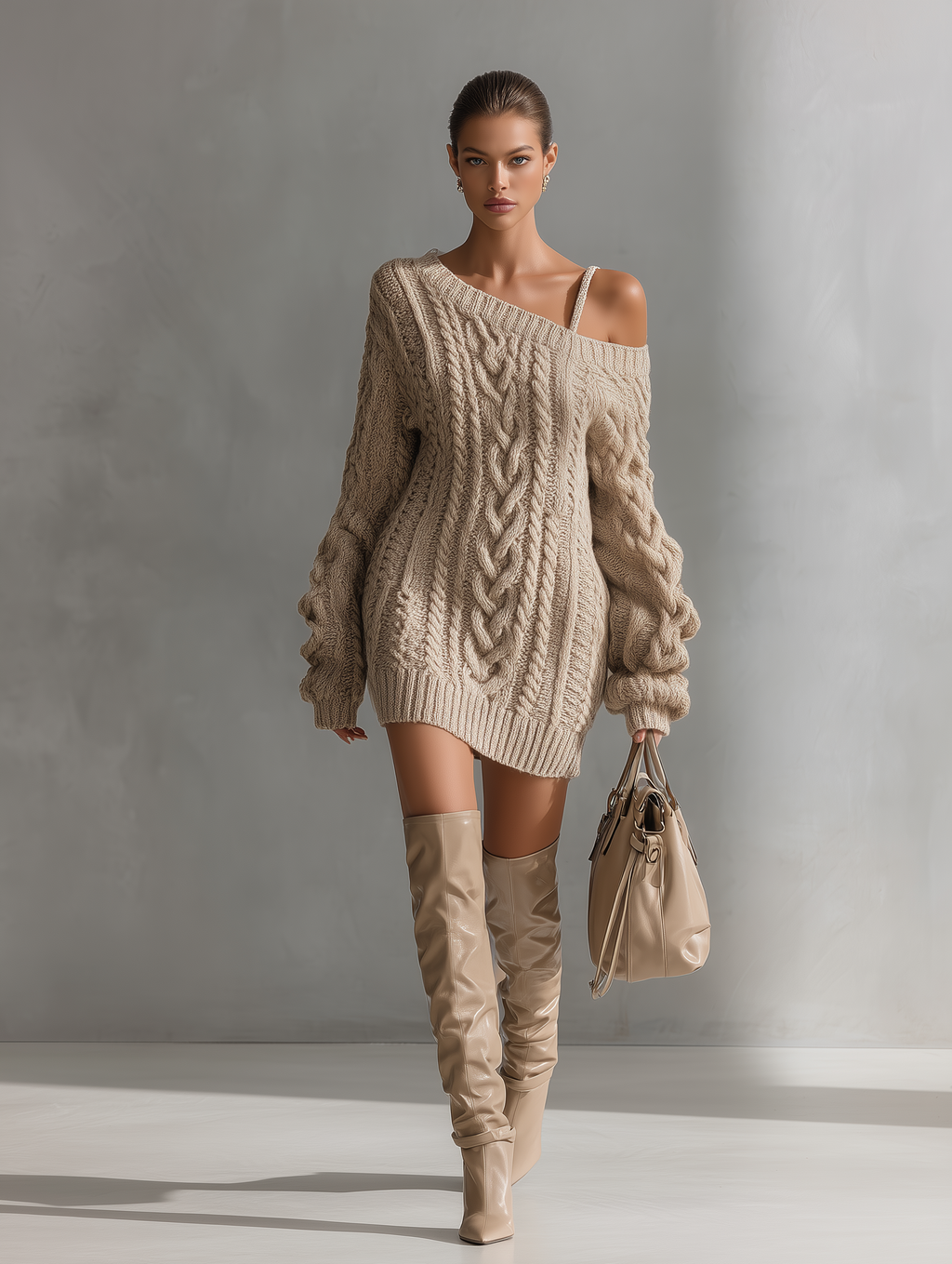 Vestido corto de punto de ochos beige con hombros descubiertos