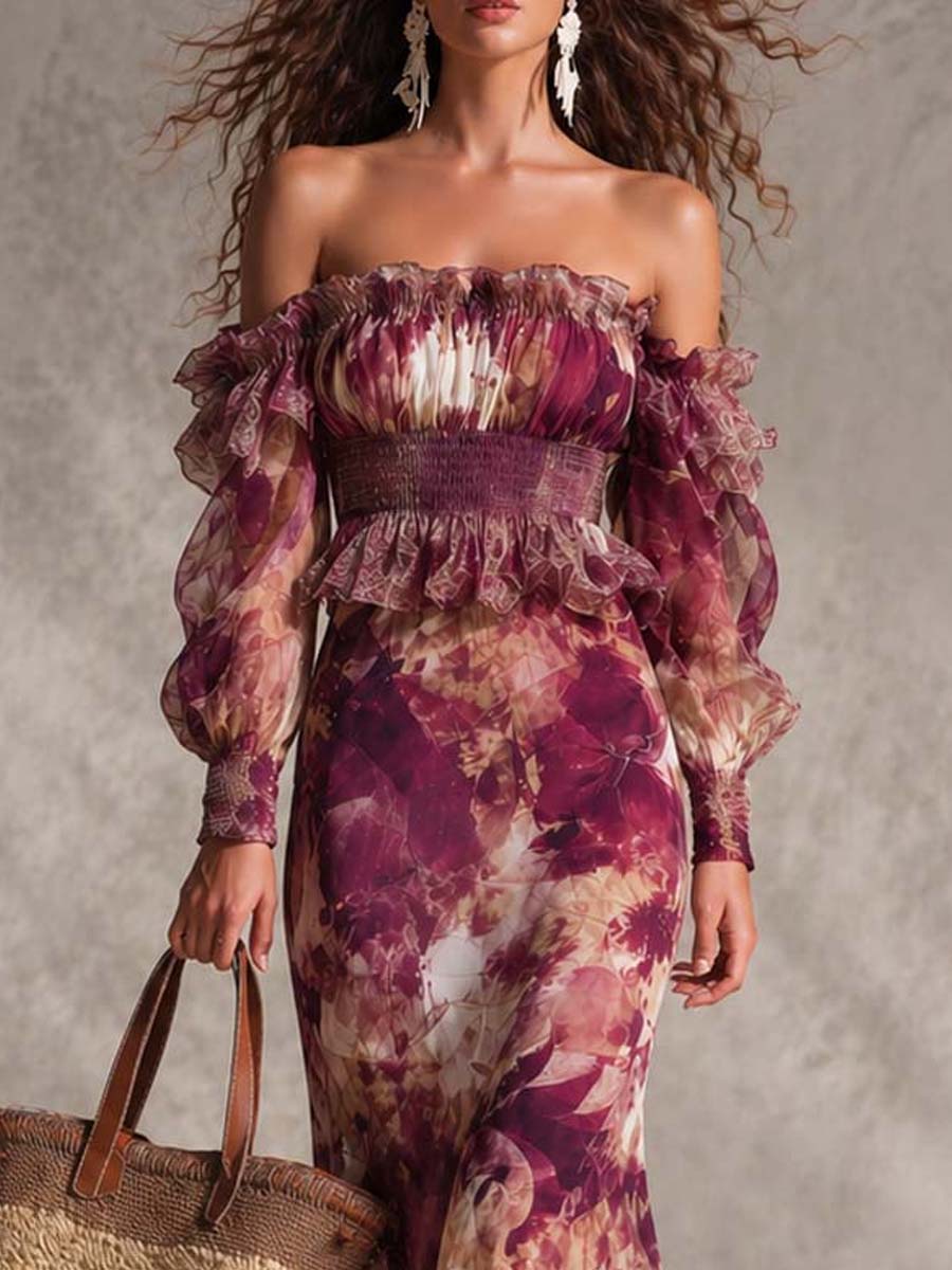 Vestido Maxi Chifón Floral Rosa con Hombros Descubiertos