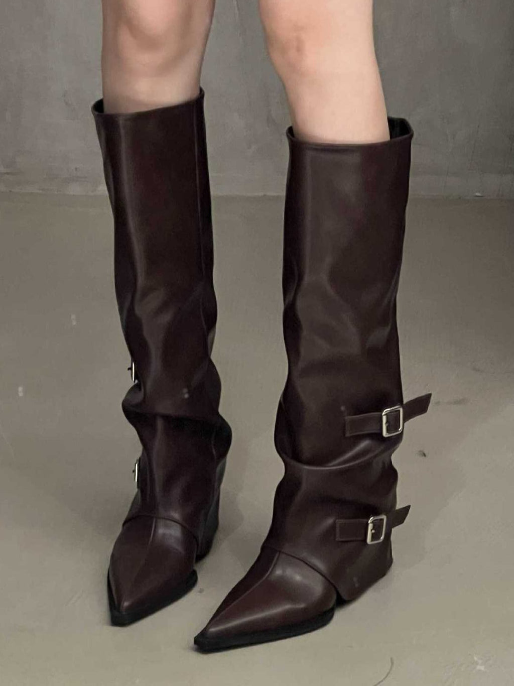 Point Toe Chunky Heel Buckle Booties
