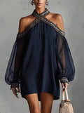 Vestido Mini con Hombros Descubiertos y Manga Larga de Chifón