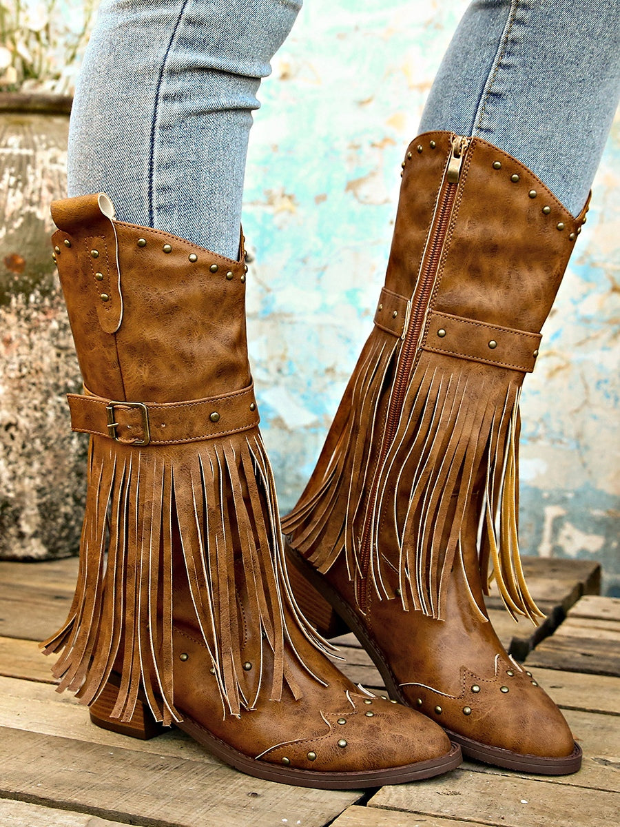Botas Retro con Flecos Remaches y Cinturón Estilo Caballero