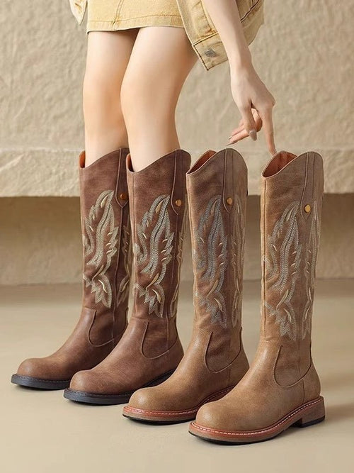 Botas Altas Marrones con Bordado y Cremallera Trasera - LOVRA DESIGN