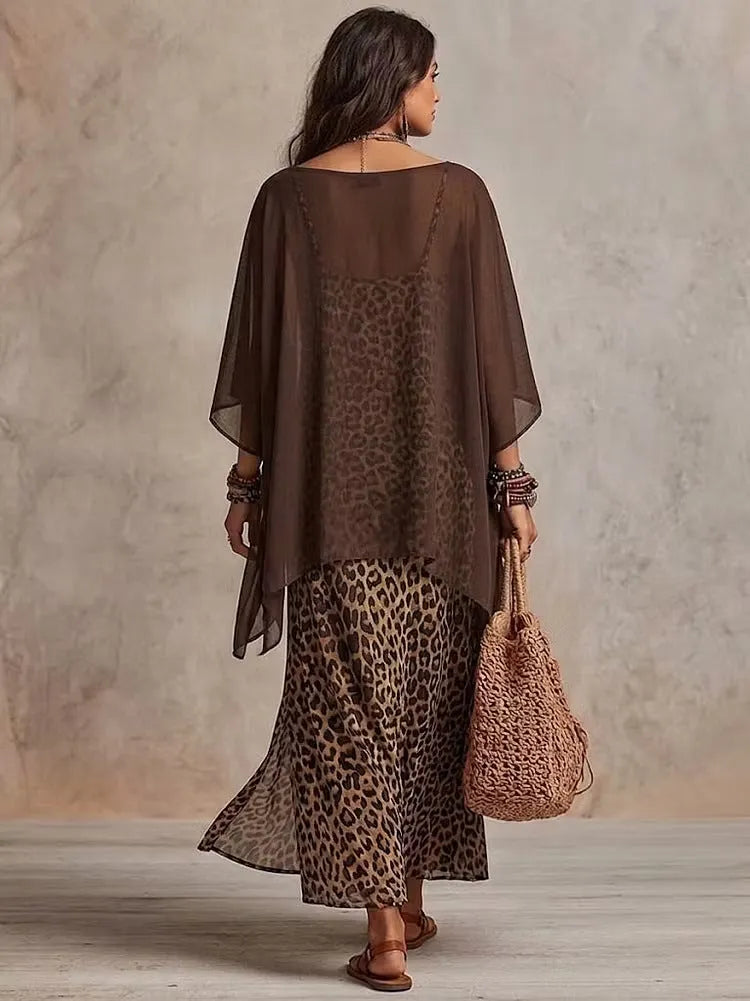 Vestido largo de capas con estampado de leopardo estilo bohemio