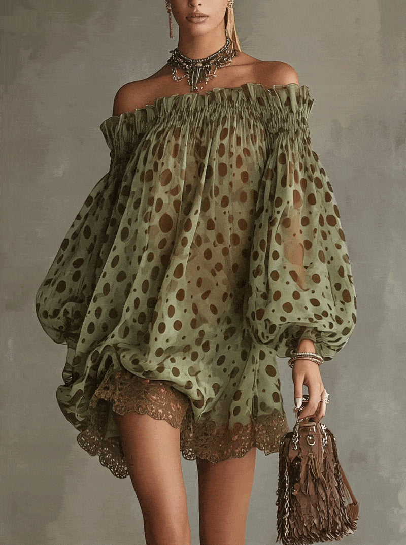 Vestido Mini Verde Oliva con Lunares y Hombros Descubiertos