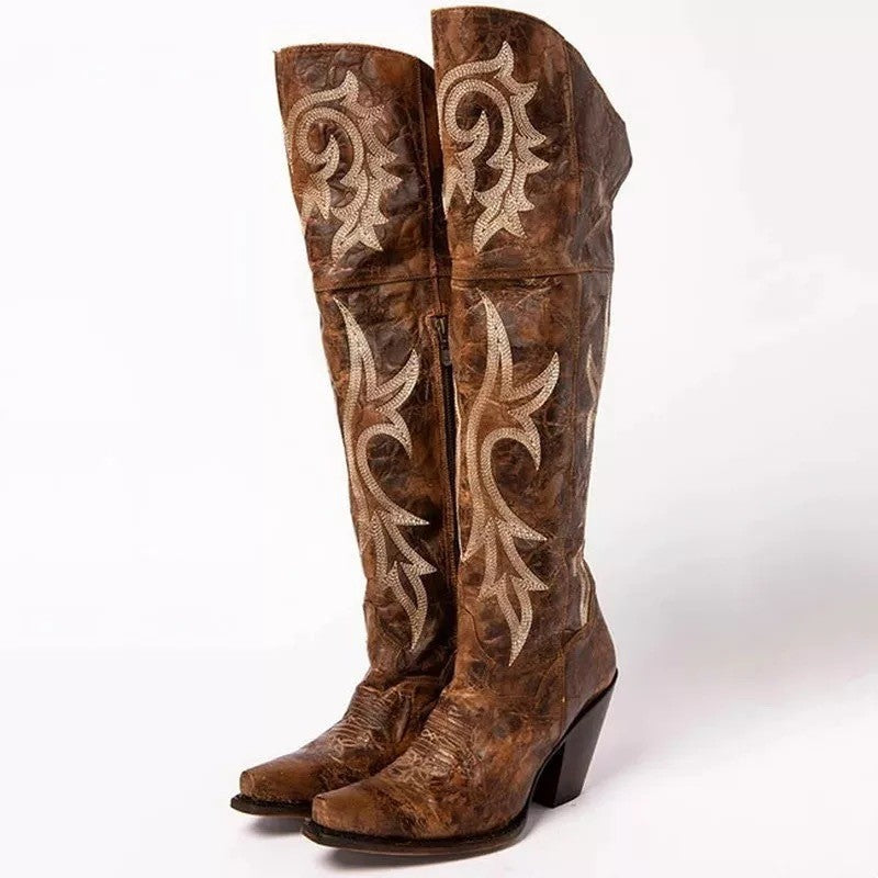 Botas Altas Retro con Tacón Alto Grueso y Estampado