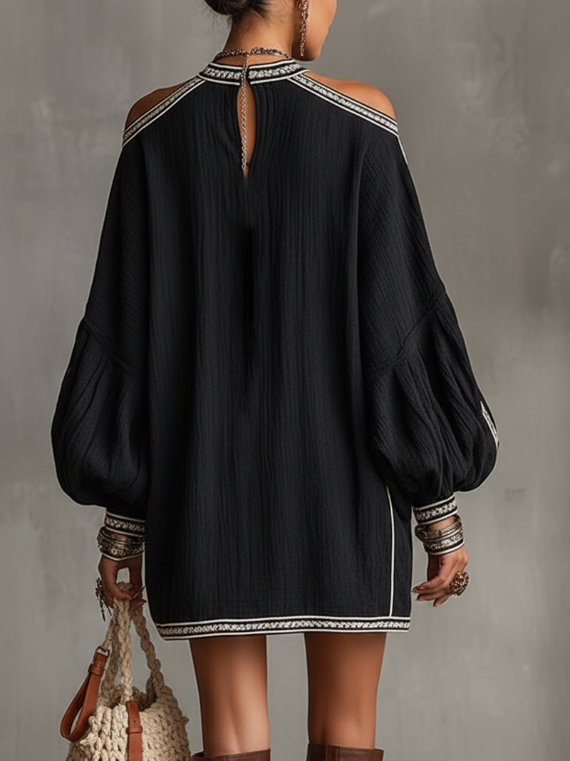 Vestido Mini Negro Boho con Manga Farol