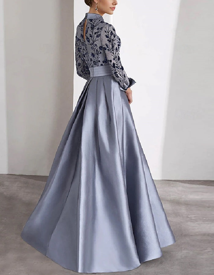 Elegant Satin Gown with Embroidered Bodice and Floral Waist Detail