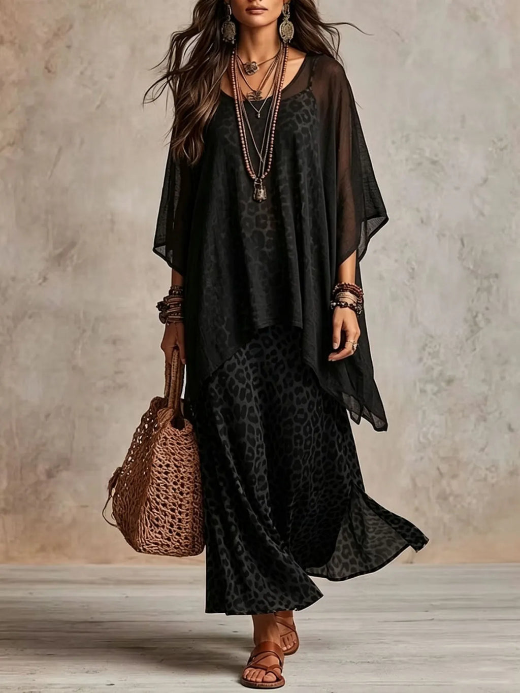 Vestido largo de capas con estampado de leopardo estilo bohemio