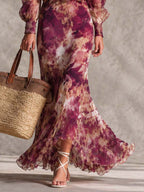 Vestido Maxi Chifón Floral Rosa con Hombros Descubiertos