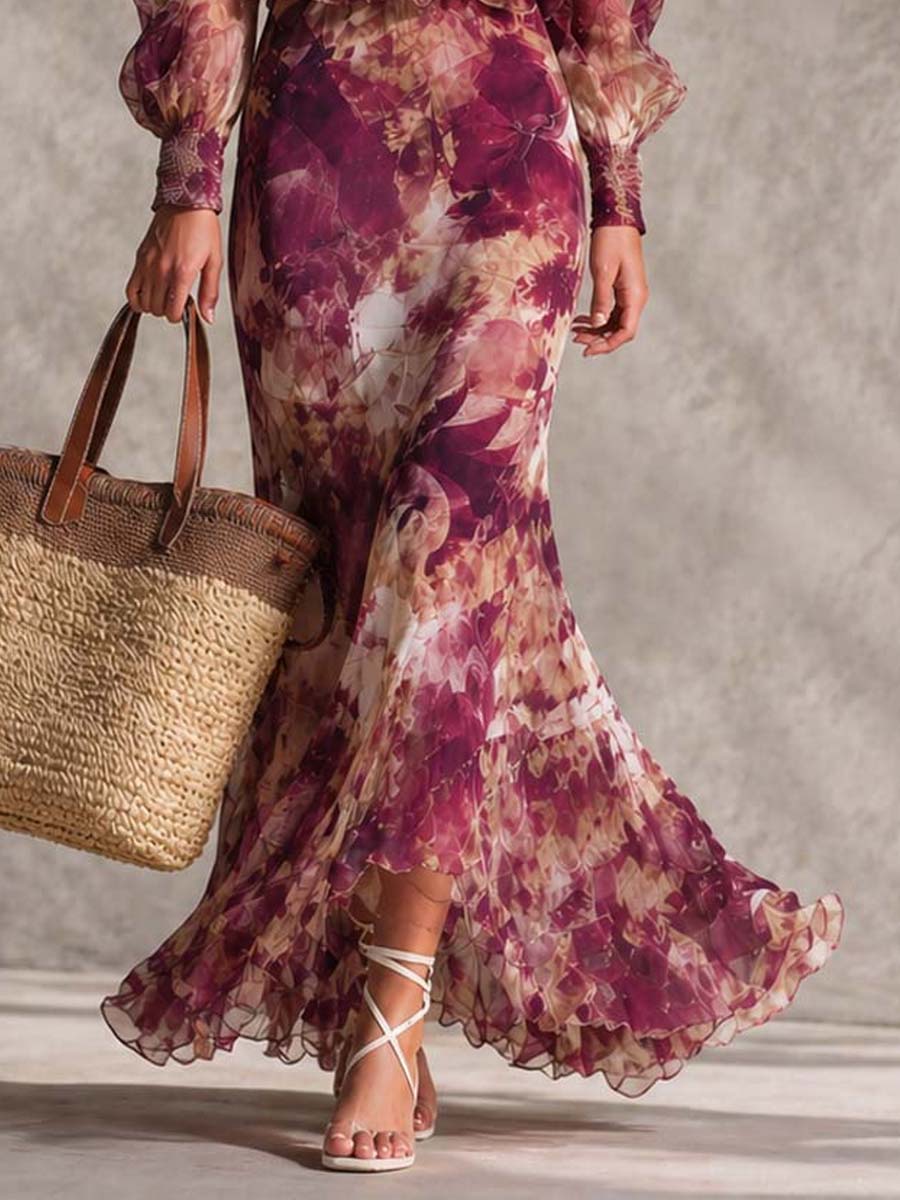 Vestido Maxi Chifón Floral Rosa con Hombros Descubiertos