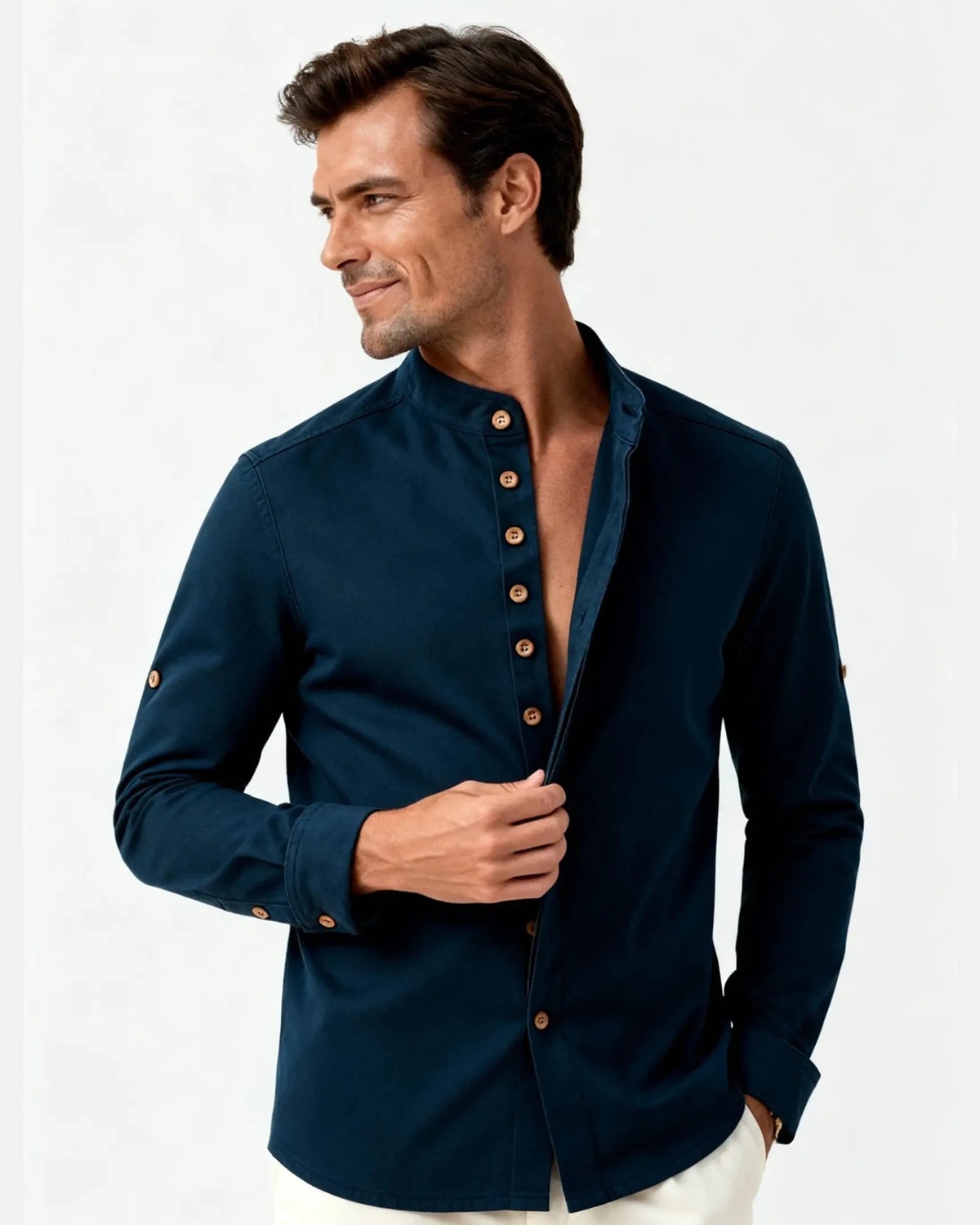 Camisa de lino con cuello mao Kyushu - LOVRA DESIGN