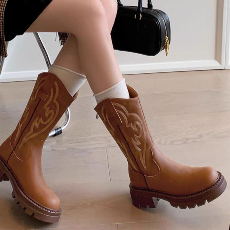 Botas de Media Caña Retro de Cuero Suave con Suela Gruesa