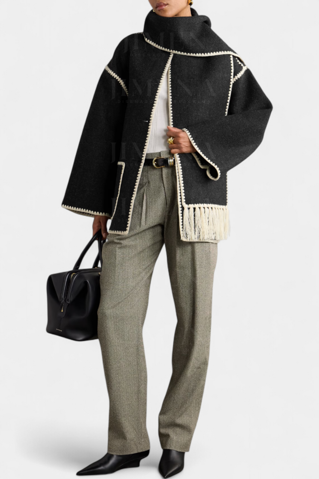 Pauline Coat with Integrated Scarf and Fluid Silhouette