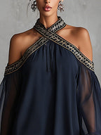 Vestido Mini con Hombros Descubiertos y Manga Larga de Chifón