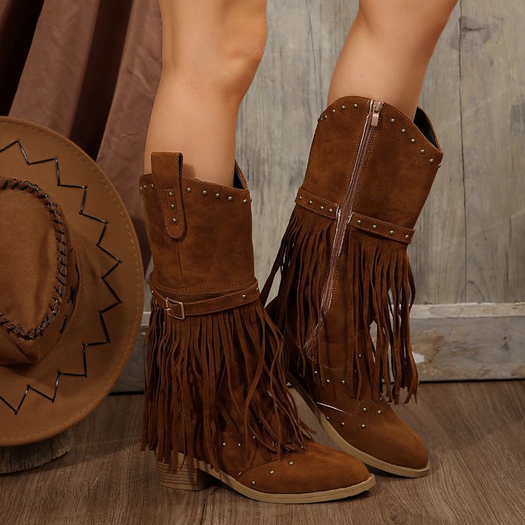 Botas Retro con Flecos Remaches y Cinturón Estilo Caballero