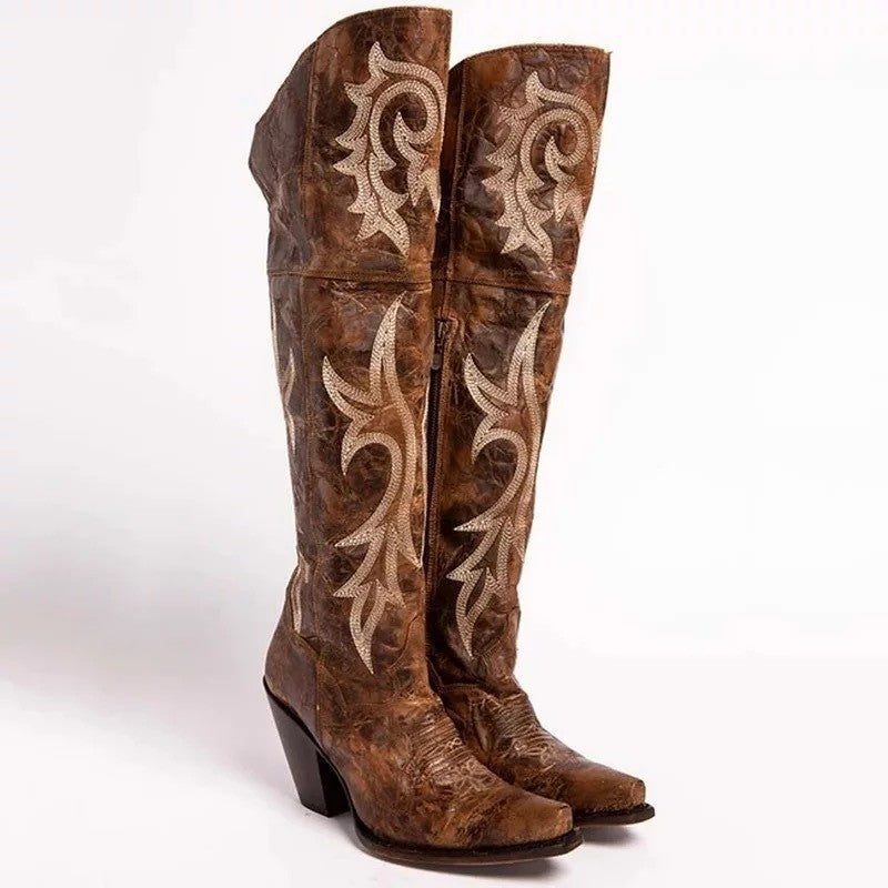 Botas Altas Retro con Tacón Alto Grueso y Estampado