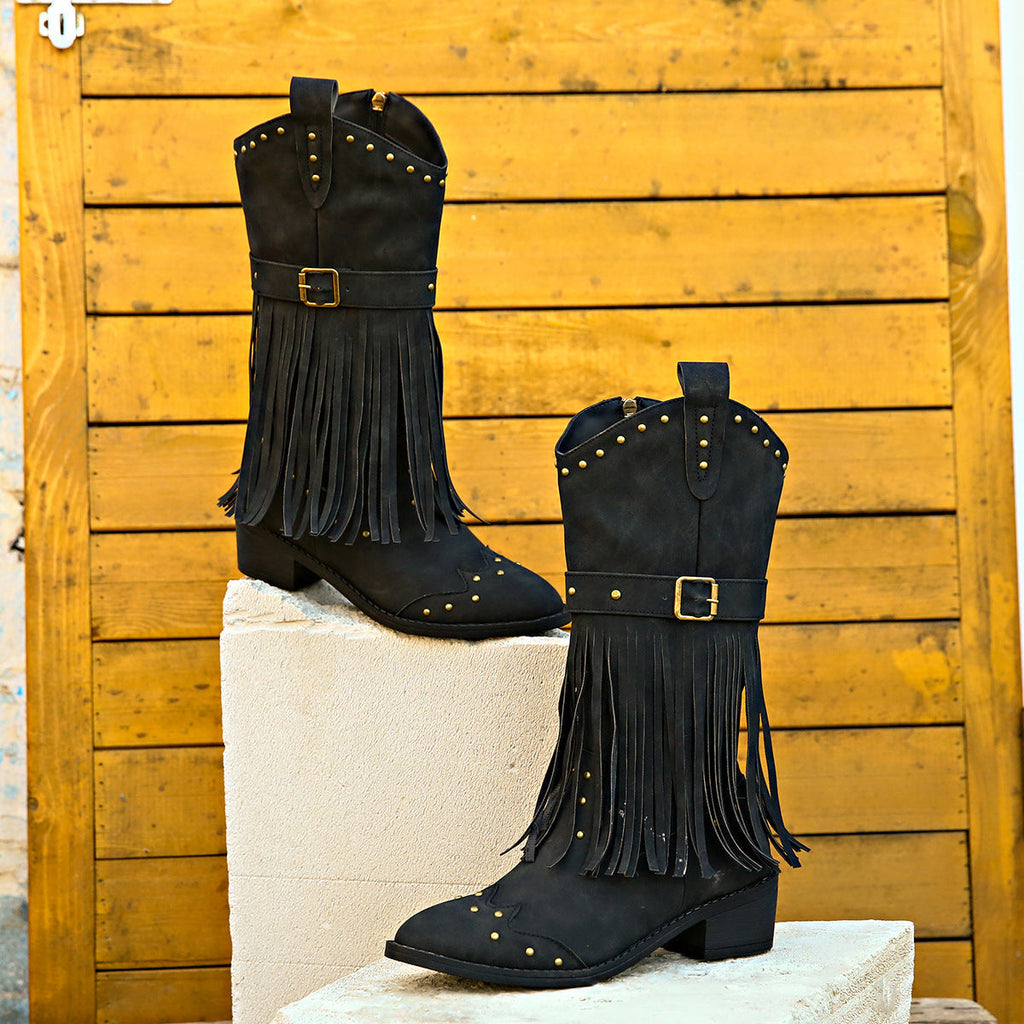 Botas Retro con Flecos Remaches y Cinturón Estilo Caballero