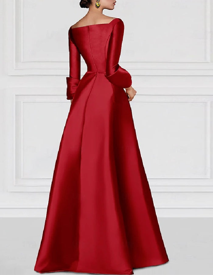 Elegant Satin Gown with Embroidered Waist and Split Skirt