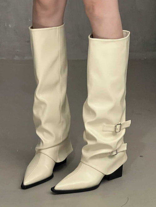 Point Toe Chunky Heel Buckle Booties
