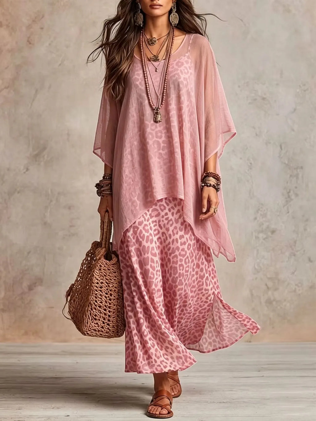 Vestido largo de capas con estampado de leopardo estilo bohemio