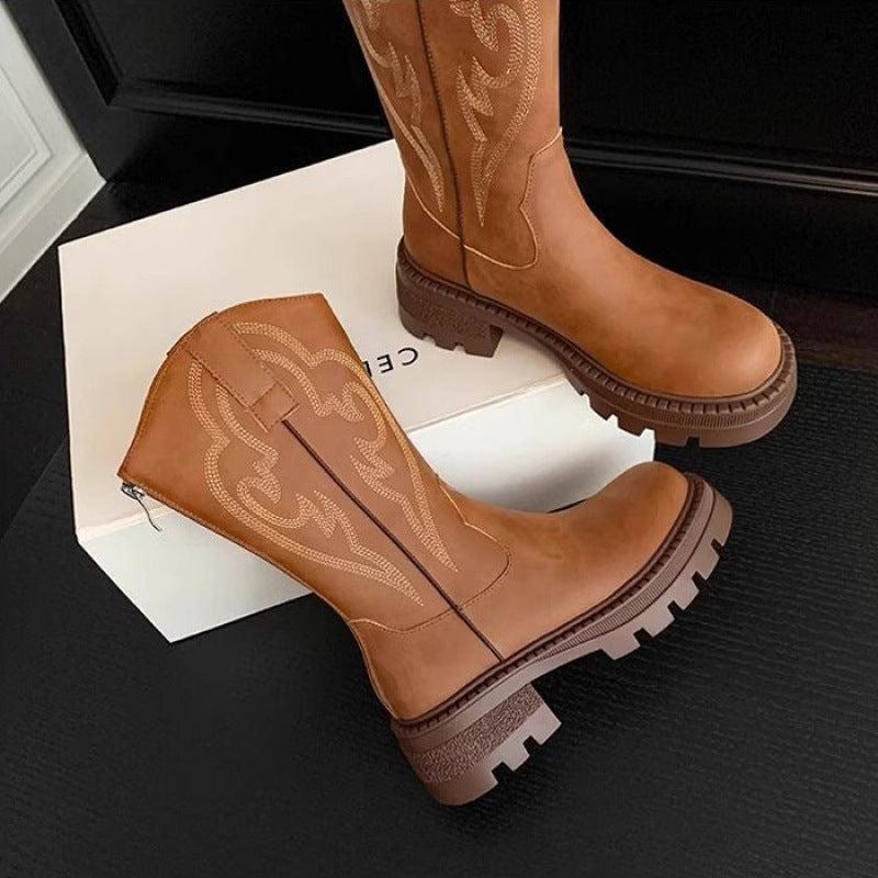 Botas de Media Caña Retro de Cuero Suave con Suela Gruesa