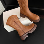 Botas de Media Caña Retro de Cuero Suave con Suela Gruesa