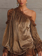 Vestido Mini de Terciopelo Marrón con Lunares Plateados