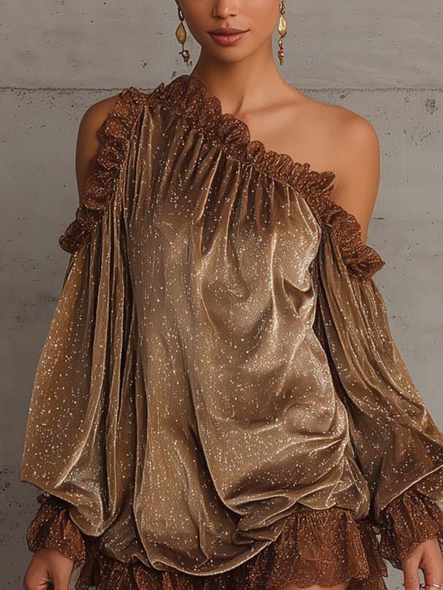 Vestido Mini de Terciopelo Marrón con Lunares Plateados