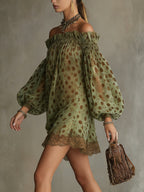 Vestido Mini Verde Oliva con Lunares y Hombros Descubiertos