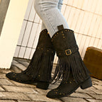 Botas Retro con Flecos Remaches y Cinturón Estilo Caballero