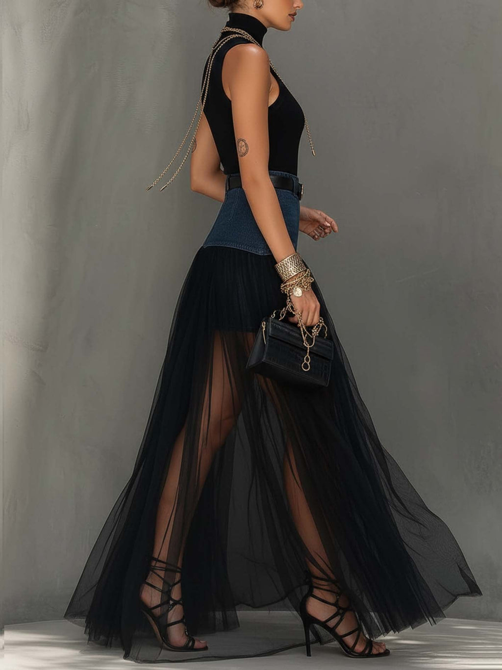 Conjunto Falda Maxi de Denim y Malla con Abertura