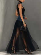 Conjunto Falda Maxi de Denim y Malla con Abertura