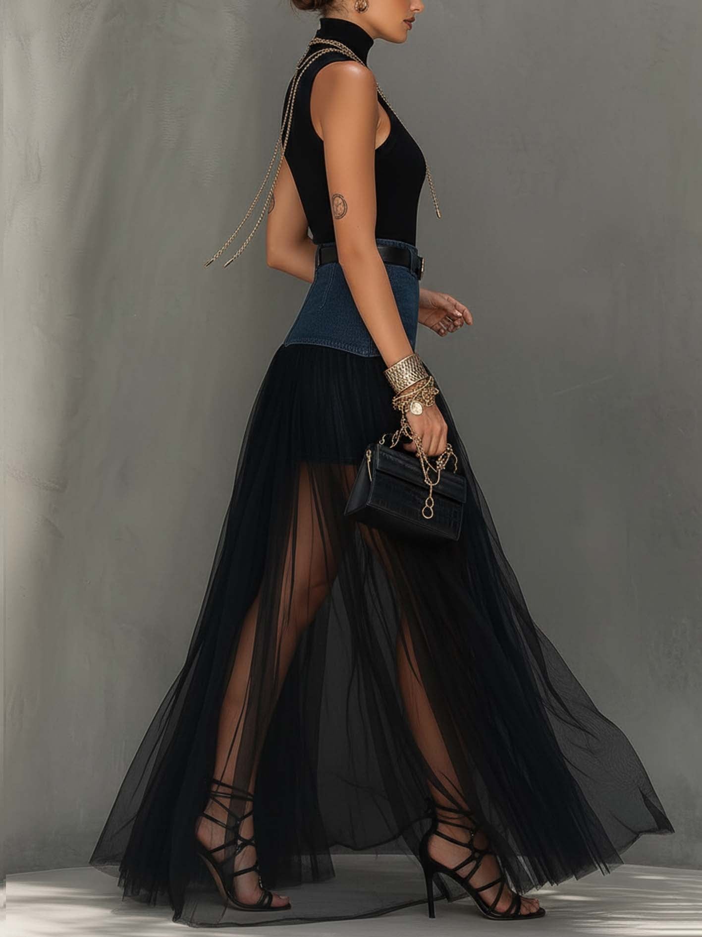 Conjunto Falda Maxi de Denim y Malla con Abertura