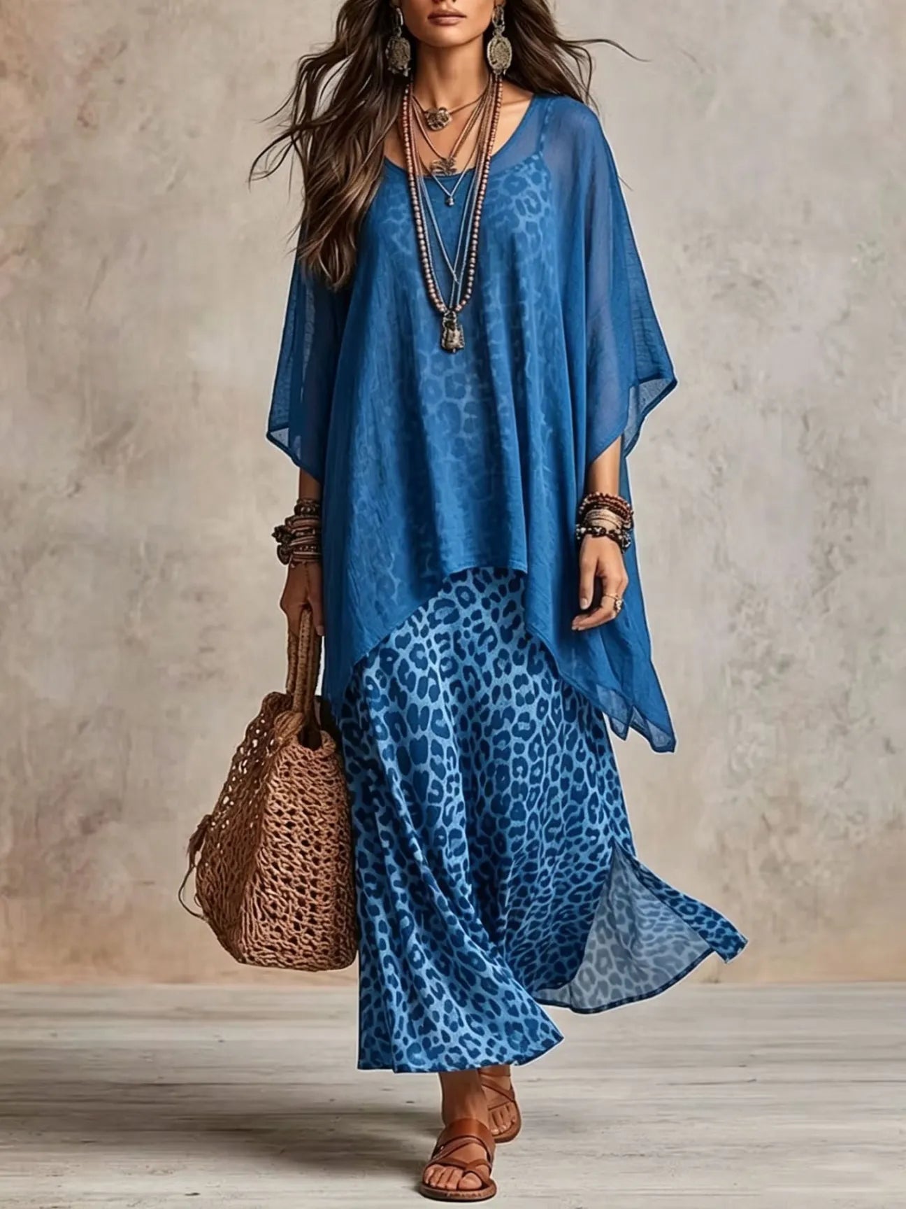 Vestido largo de capas con estampado de leopardo estilo bohemio