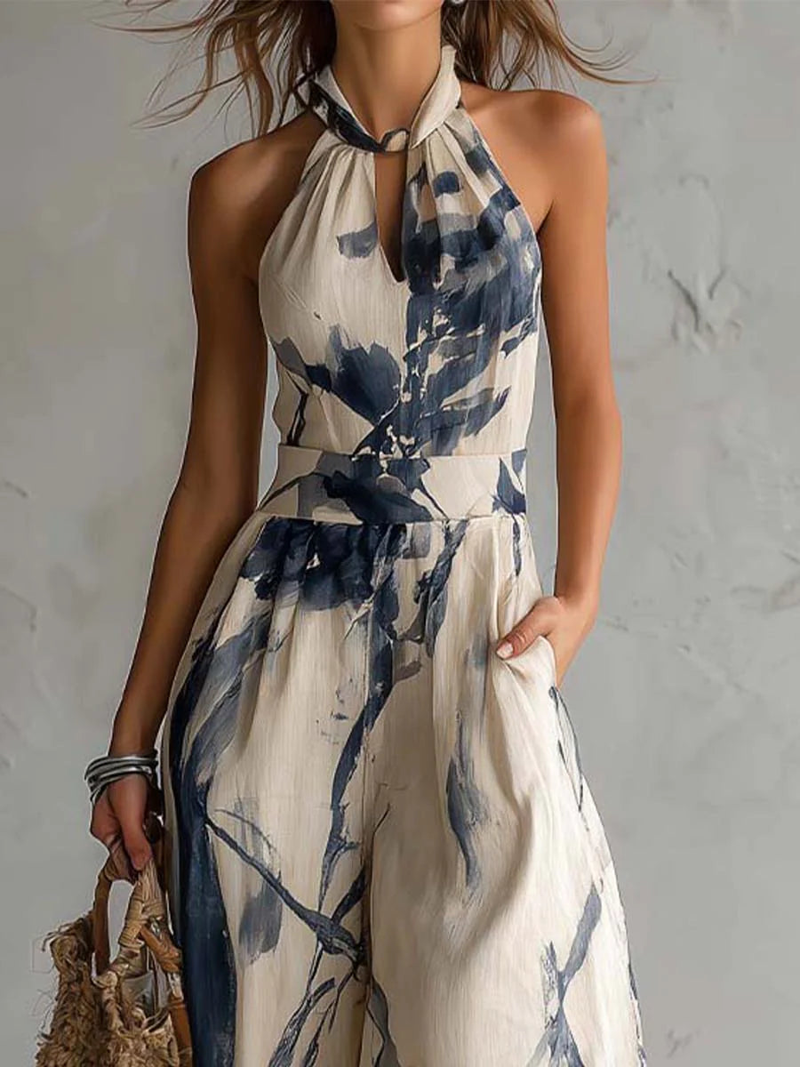 Mono de corte ancho con cuello halter, estampado difuminado y bolsillos